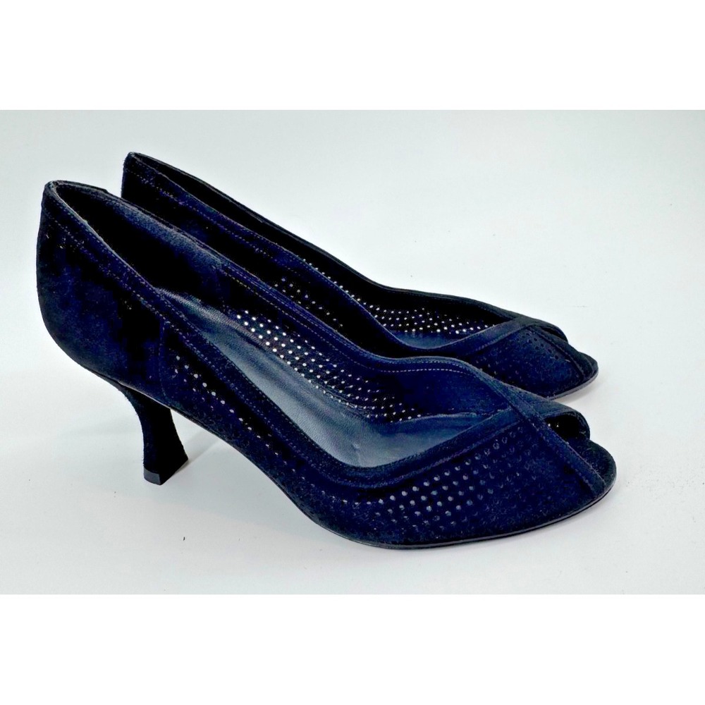 Stuart Weitzman Black Perforated Suede Peep Toe Pumps Kitten Heels 6W 26441